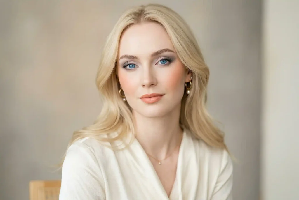 Jaki kolor cienia do powiek do niebieskich oczu wybrać? Najlepsze kolory cieni, by podkreślić niebieskie oczy i typ urody Zbliżenie na twarz modelki o porcelanowej cerze i jasnych blond włosach, prezentującej subtelny makijaż, który idealnie obrazuje, jakie cienie do niebieskich oczu i jasnej karnacji wybrać, wykorzystując chłodne szarości, taupe i delikatny róż