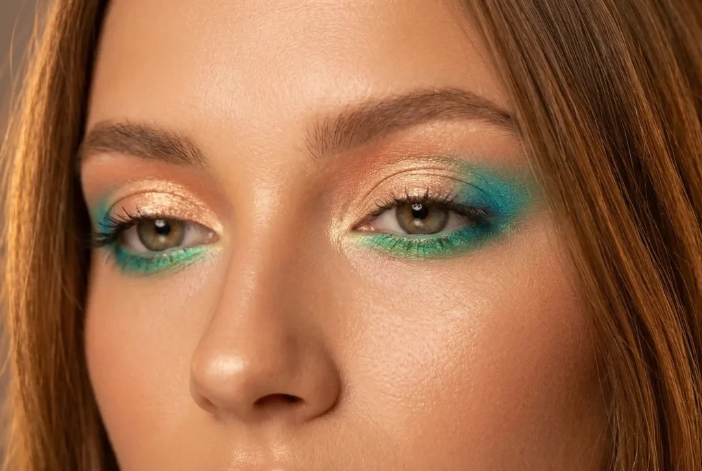 Jak dobrać cienie do powiek? Zobacz, jak dobrać cienie pod kolor oczu i jak pracować cieniami, by powieka zachwycała! Ultra-realistyczne zbliżenie twarzy modelki w świetlistym makijażu oczu łączącym złote, brzoskwiniowe i turkusowe cienie do powiek, idealnie dobranym do ciepłego typu urody Wiosna.
