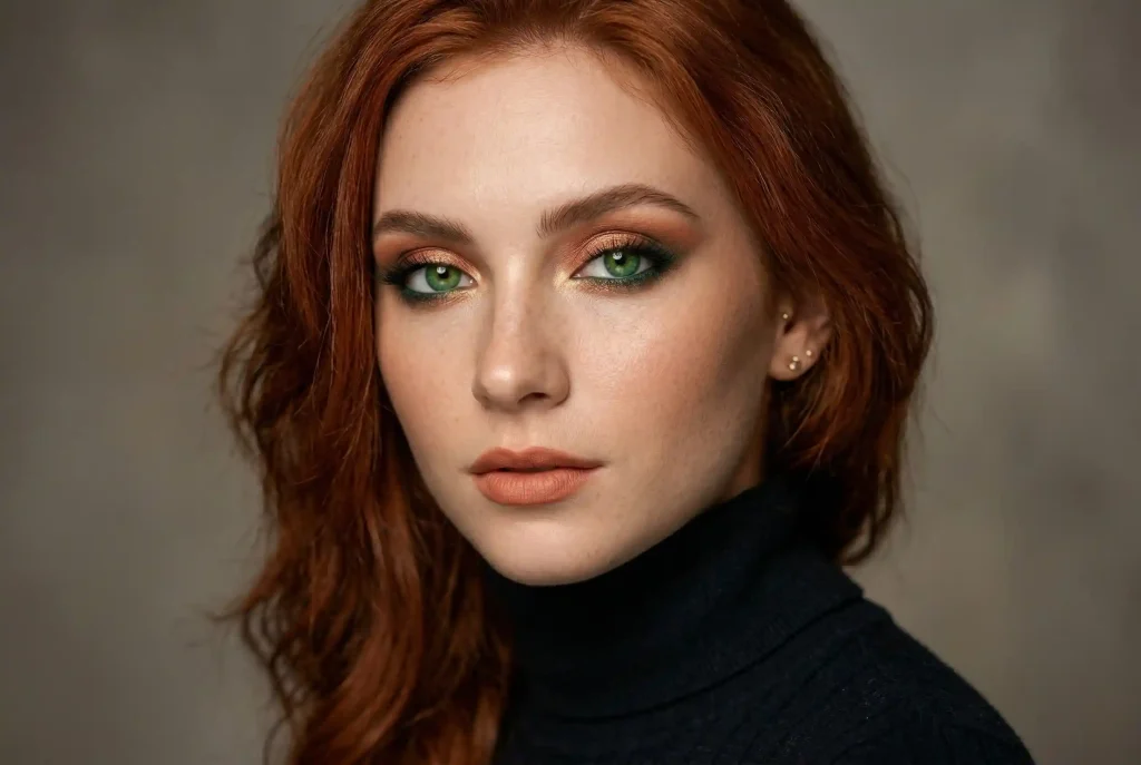 Jaki kolor cieni do powiek wybrać do zielonych oczu? Idealny makijaż krok po kroku Portret kobiety o rudych włosach i zielonych oczach w makijażu wykorzystującym złoto i miedź, pokazujący harmonijny dobór cieni do zielonych oczu i typu urody.