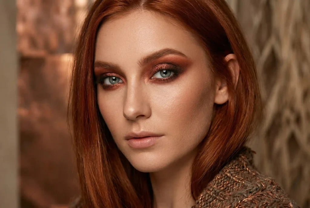 Jak dobrać cienie do powiek do koloru oczu? Idealny makijaż do niebieskich oczu i cienie do szarych oczu Zbliżenie twarzy kobiety o rudych włosach i szaroniebieskich oczach, prezentującej profesjonalny makijaż dla ciepłego typu urody z użyciem rdzawych i brązowych cieni.
