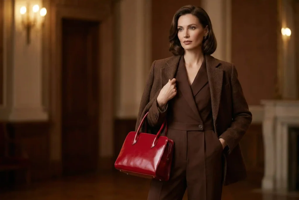 Jaki kolor pasuje do czekoladowego? Sprawdź, z czym łączyć elegancki kolor czekoladowy brąz i brązowe ubrania Modelka w eleganckiej stylizacji czekoladowy total look, trzymająca wiśniową torebkę, która dodaje luksusowego sznytu, idealnie ilustruje, z czym łączyć brąz.