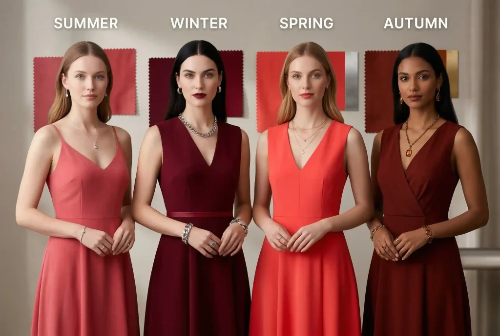 Czerwona sukienka – jakie dodatki do czerwonej sukienki wybrać i co pasuje najlepiej? Fotografia modowa przedstawiająca zestawienie różnych odcieni czerwieni sukienek i pasującej biżuterii, ilustrująca jak dobrać idealną stylizację dla 12 typów urody.