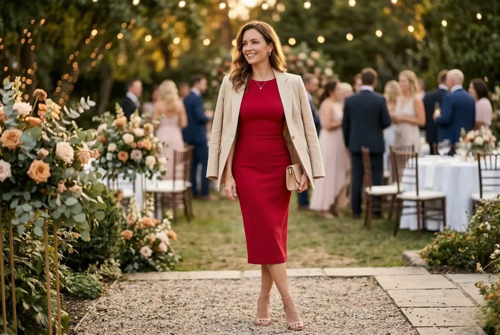 Czerwona sukienka – jakie dodatki do czerwonej sukienki wybrać i co pasuje najlepiej? Kobieta w eleganckiej czerwonej sukience idealnej na wesele, z narzuconym na ramiona klasycznym beżowym żakietem oraz subtelnymi, złotymi dodatkami.