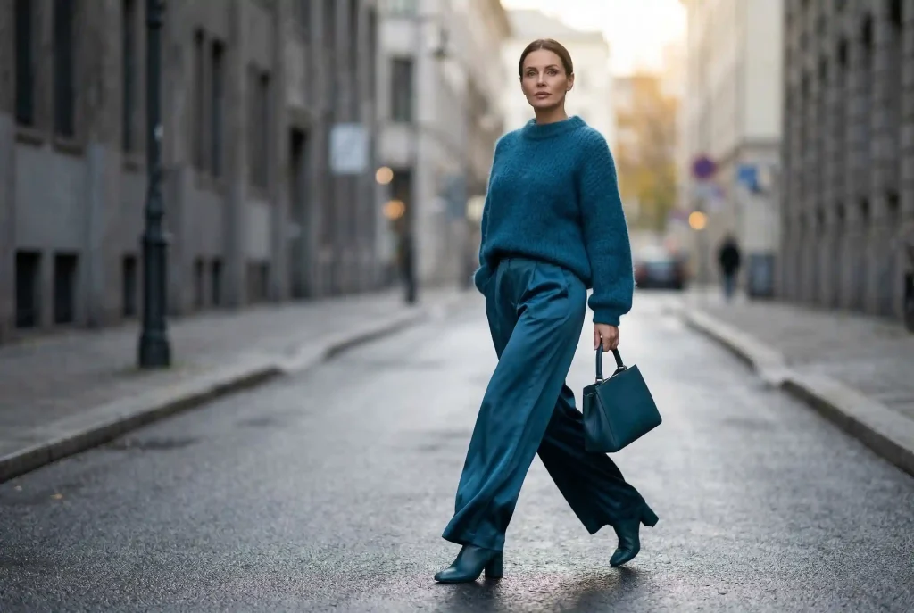 Jaki kolor pasuje do petrolu? Poznaj ten wyjątkowy odcień w świecie mody, sprawdź kolor i z czym go łączyć do swojej garderoby. To idealny kolor na jesień i zimę! Elegancka kobieta na szarej, jesiennej ulicy prezentuje prestiżowy total look w kolorze petrol, łącząc w stylizacji lejące się satynowe spodnie wide leg, puszysty sweter i skórzane dodatki.