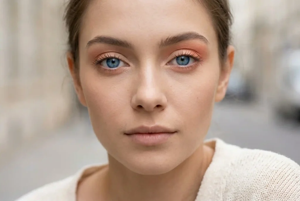 Jaki kolor cienia do powiek do niebieskich oczu wybrać? Najlepsze kolory cieni, by podkreślić niebieskie oczy i typ urody Zbliżenie na twarz kobiety z niebieskimi oczami, prezentujące delikatny makijaż dzienny z użyciem jasnych cieni beżowych, brzoskwiniowych i lekkiego brązu, optycznie powiększających spojrzenie.