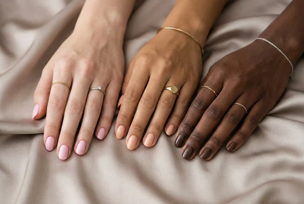 Najmodniejszy manicure na każdą okazję. Jak wybrać uniwersalne kolory paznokci i stylowy odcień, gdy chcesz, by kolor paznokci pasował do wszystkiego? Zbliżenie na wypielęgnowane dłonie kobiet o różnej karnacji, prezentujące klasyczny manicure w odcieniach różu, beżu i mokki z subtelną biżuterią, co wizualnie ułatwia dobór koloru paznokci do tonacji skóry.