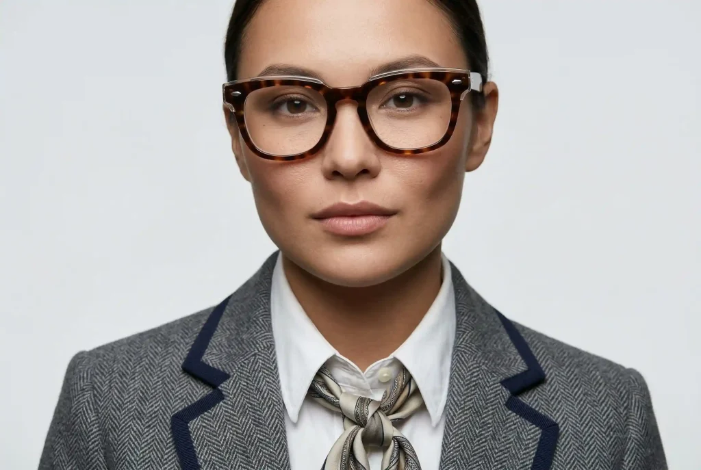 Jakie idealne okulary do okrągłej twarzy wybrać? Przewodnik: jak dobrać okulary i kształt okularów, by okrągły profil zyskał w nowych oprawkach i okularach przeciwsłonecznych! Modowy portret kobiety z okrągłym kształtem twarzy, prezentującej dobór okularów browline z grubego acetatu, które optycznie wyszczuplają twarz i podkreślają kości policzkowe.