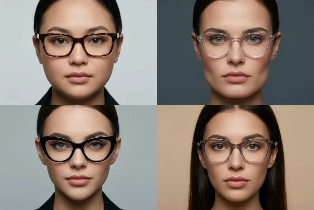 Kształt twarzy gwiazd. Jak dobrać fryzurę i dobrać okulary do twarzy? Triki na okrągły, owalny i inne typy! Ultra-realistyczne zdjęcie modowe przedstawiające czteropanelową kompozycję z kobietami o unikalnych kształtach twarzy, każda prezentująca idealnie dopasowane okulary i oprawki zgodnie z zasadami doboru.