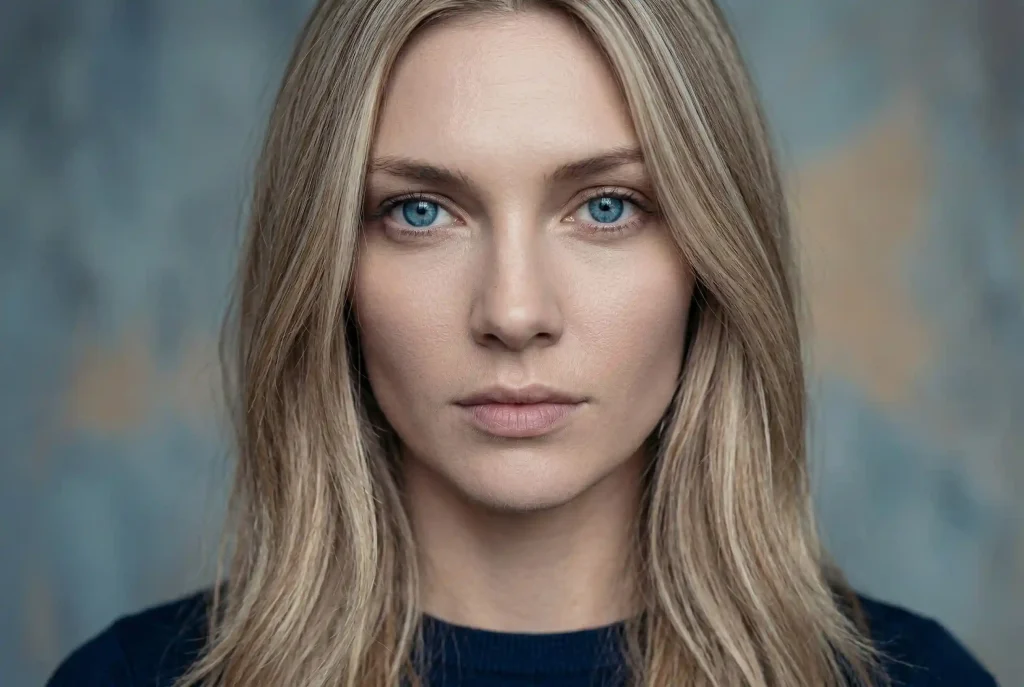 Jaki kolor włosów do mnie pasuje? Dobierz najlepszy kolor włosów online. Zobacz szybki test na typ urody i karnację! Ultra-realistyczny portret kobiety o zimnej karnacji i intensywnych niebieskich oczach, której włosy mają ekspercki kolor ciepłego blondu z refleksami, doskonale dopasowany do tęczówki w celu zbudowania głębi.