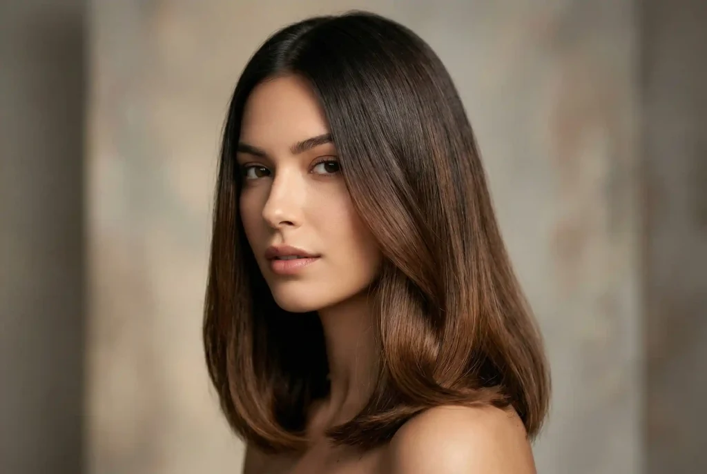 Jaki kolor włosów do mnie pasuje? Dobierz najlepszy kolor włosów online. Zobacz szybki test na typ urody i karnację! Zdjęcie portretowe kobiety z lśniącymi włosami w odcieniu subtelnego ombre, ilustrujące efekt domowego farbowania włosów dbającego o kondycję pasm.