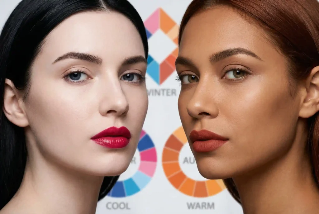 Jak dobrać kolor pomadki do typu urody? Wybierz idealny kolor szminki dla Twojej cery i stwórz perfekcyjny look Portret modowy dwóch kobiet o odmiennych typach urody, zimowym i jesiennym, z idealnie dobranymi kolorami pomadek – malinową czerwienią i terakotową cegłą – ilustrujący jak dobrać szminkę do karnacji i podtonów skóry.