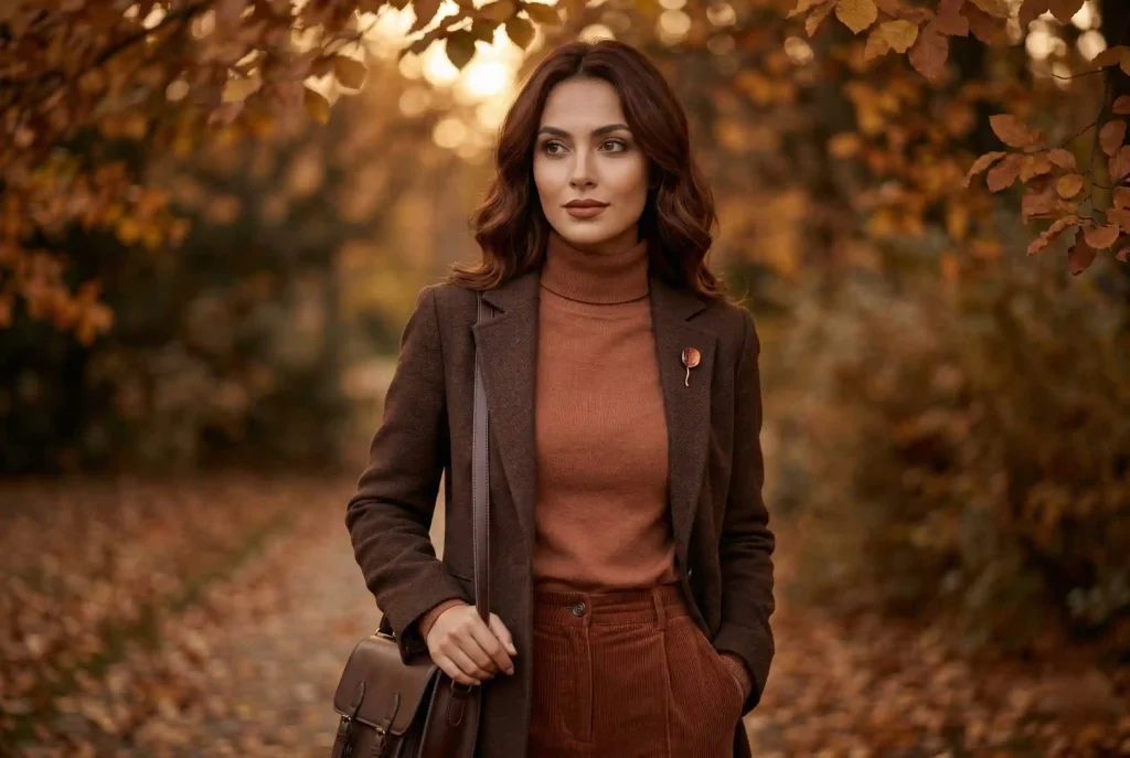 Jaki kolor pasuje do czekoladowego? Sprawdź, z czym łączyć elegancki kolor czekoladowy brąz i brązowe ubrania Promienna kobieta w jesiennym parku prezentuje elegancką stylizację w ciepłych barwach, łącząc czekoladowy brąz marynarki z rdzawym swetrem i sztruksowymi spodniami.