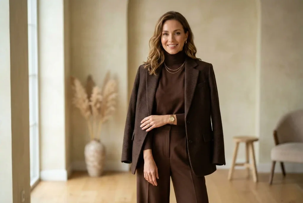 Jaki kolor pasuje do czekoladowego? Sprawdź, z czym łączyć elegancki kolor czekoladowy brąz i brązowe ubrania Promienna kobieta ubrana w elegancką stylizację, która doskonale ilustruje, dlaczego kolor czekoladowy to nowa czerń i idealna alternatywa ożywiająca cerę.