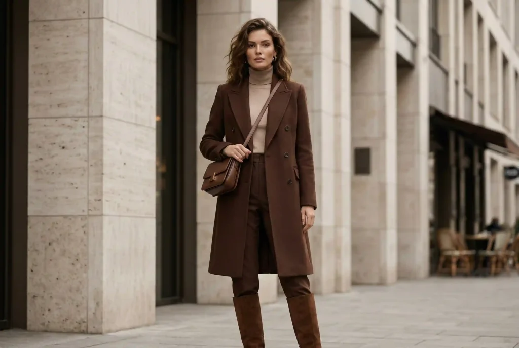 Jaki kolor pasuje do czekoladowego? Sprawdź, z czym łączyć elegancki kolor czekoladowy brąz i brązowe ubrania Elegancka kobieta w czekoladowym płaszczu dwurzędowym, beżowym golfie i zamszowych kozakach, stojąca na miejskiej ulicy.