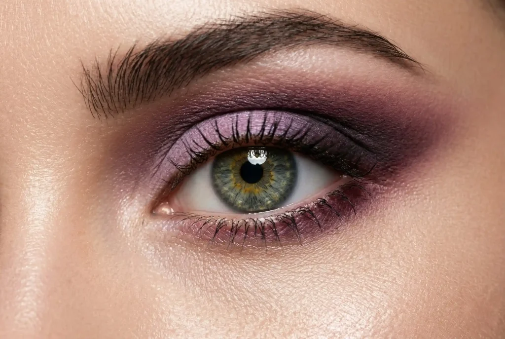 Jakie cienie do powiek do szarych oczu wybrać? Sprawdzony poradnik osobistej stylistki Zbliżenie na szare oko z wyraźnymi złotymi plamkami, które wydaje się zielone dzięki zastosowaniu makijażu w kontrastujących odcieniach śliwki i fioletu na powiece, ilustrujące jakie cienie do powiek do szarych oczu wybrać, aby uzyskać efekt zieleni.