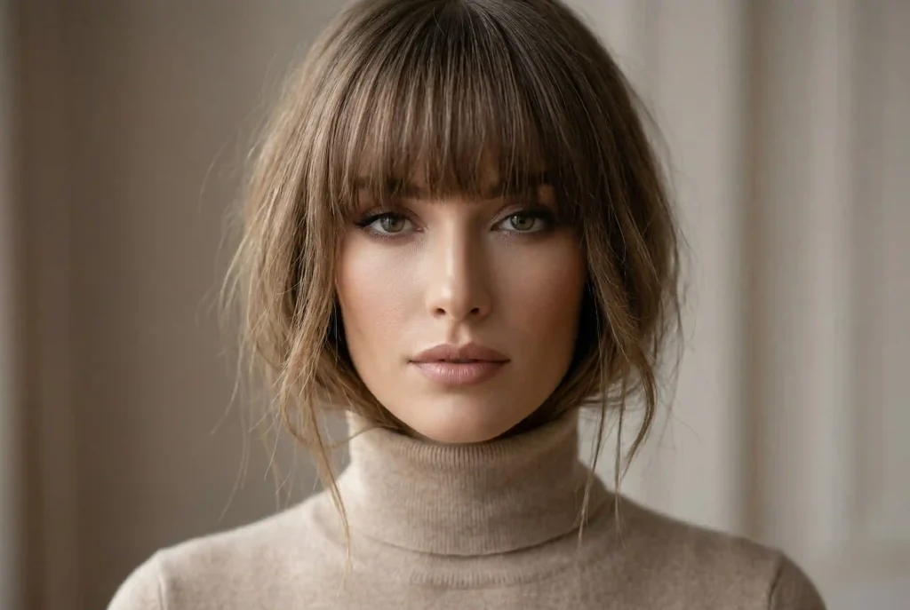 Kształt twarzy gwiazd. Jak dobrać fryzurę i dobrać okulary do twarzy? Triki na okrągły, owalny i inne typy! Ultra-realistyczny portret modowy kobiety o wyraźnie widocznym prostokątnym kształcie twarzy, w stylizacji fryzury z pełną grzywką zakrywającą czoło i luźnymi pasmami dodającymi szerokości.