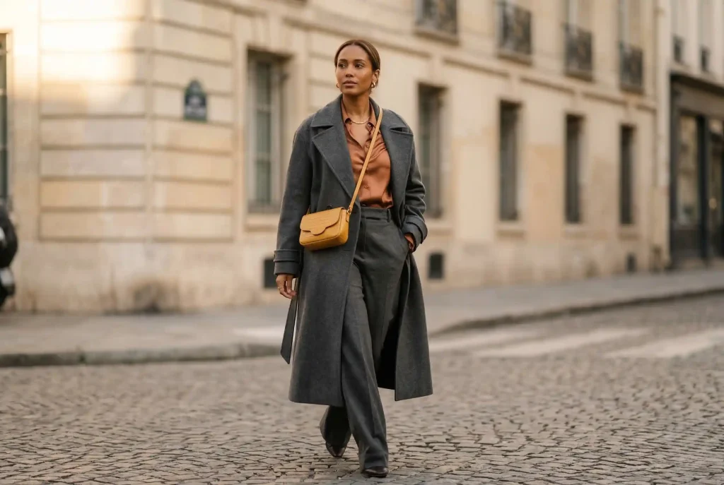Jaki kolor pasuje do grafitu? Kompletny przewodnik po stylizacjach Profesjonalne zdjęcie modowe przedstawiające grafitową stylizację opartą na mieszaniu faktur: gruby, matowy wełniany płaszcz zestawiony jest z błyszczącą satynową bluzką i musztardową torebką jako akcentem.