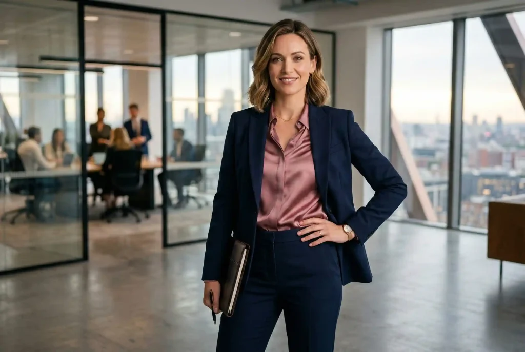 Jaki kolor pasuje do brudnego różu? Wybierz dodatki do sukienki w kolorze pudrowego różu, łącz odcienie i twórz stylizacje (brudny róż w roli głównej) Pewna siebie bizneswoman w eleganckim, granatowym garniturze i jedwabnej koszuli, prezentująca jak brudny róż doskonale sprawdza się w profesjonalnym środowisku, budując zaufanie i promienny wizerunek.