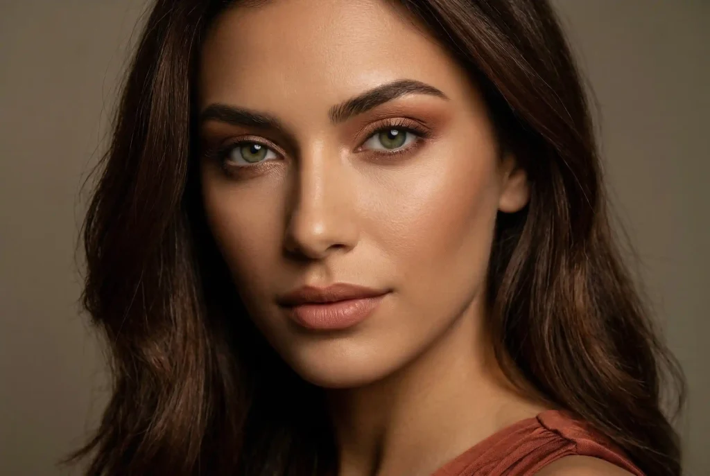 Jak dobrać kolory makijażu do typu urody? Dopasowanie makijażu, karnacja i dobór kolorów, by dobrać makijaż i podkreślić urodę Ultra-realistyczne zdjęcie portretowe modelki w perfekcyjnie dobranym makijażu do jej typu urody, podkreślającym harmonię koloru skóry, oczu i włosów.