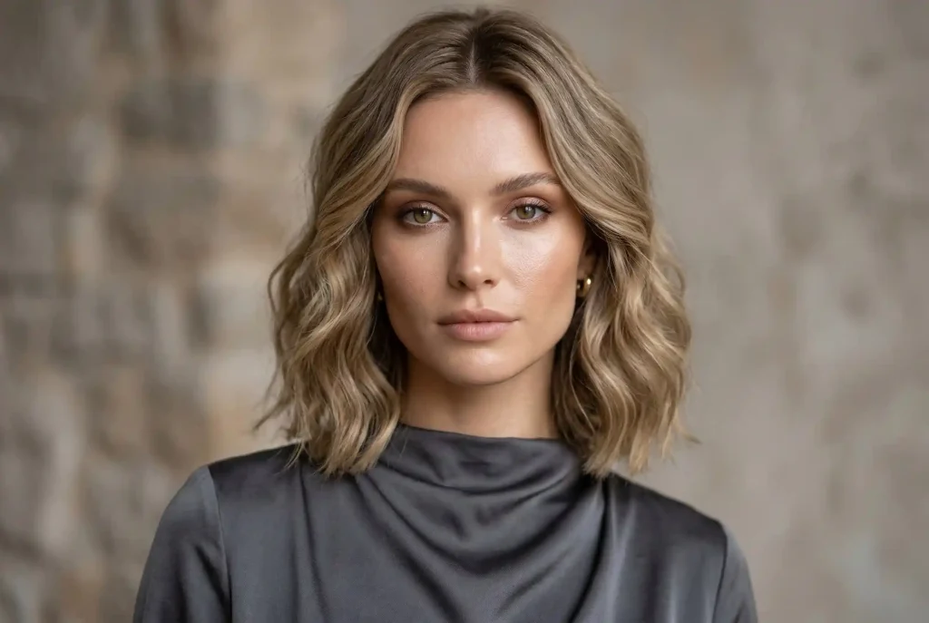 Twarz diamentowa (diamentowy kształt twarzy) – jaka fryzura pasuje, jak dopasować fryzurę do kształtu twarzy i jak ciąć włosy? Modowy portret kobiety o diamentowym kształcie twarzy w idealnie dobranej fryzurze typu long bob, której miękkie fale dodają pożądanej objętości na wysokości brody.