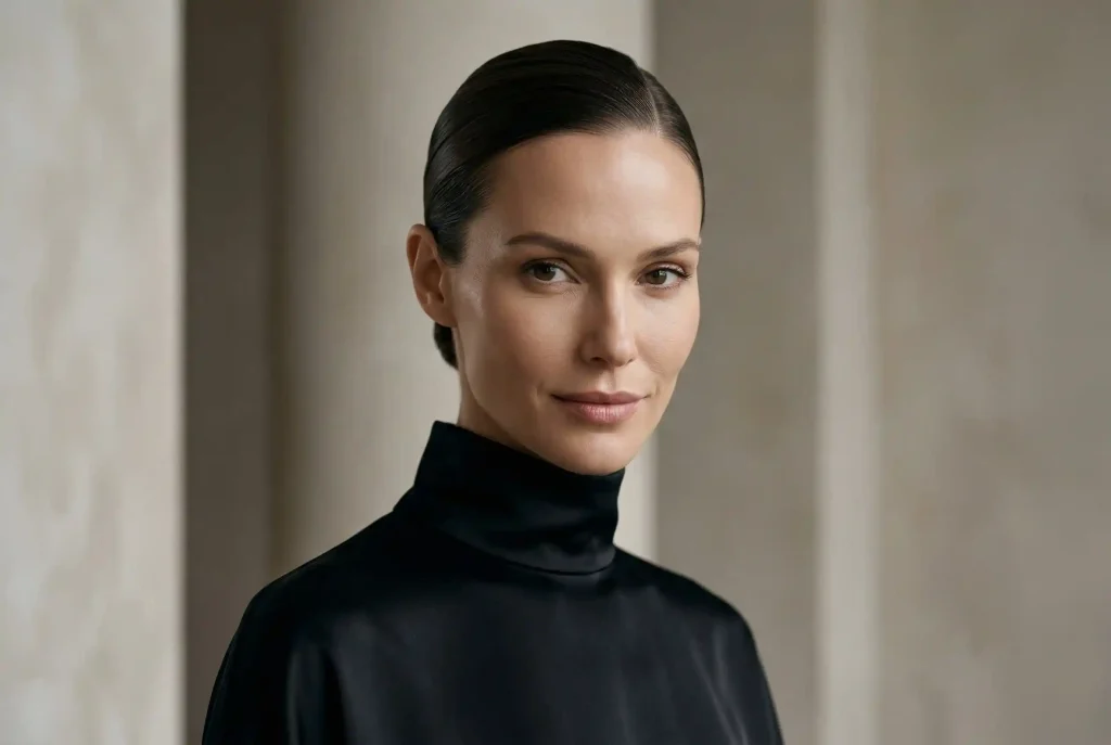 Kształt twarzy gwiazd. Jak dobrać fryzurę i dobrać okulary do twarzy? Triki na okrągły, owalny i inne typy! Ultra-realistyczny portret modowy kobiety o harmonijnych proporcjach, której twarz owalna jest w pełni wyeksponowana dzięki gładko zaczesanym do tyłu włosom, co ilustruje idealny punkt odniesienia dla wszechstronnych fryzur.