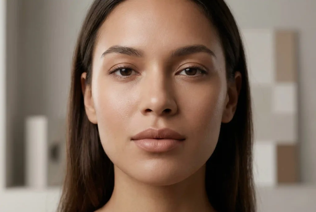 Jak dobrać kolor pomadki do typu urody? Wybierz idealny kolor szminki dla Twojej cery i stwórz perfekcyjny look Ultra-realistyczny portret kobiety w makijażu z idealnie dobraną szminką nude, która jest o ton ciemniejsza od jej naturalnej czerwieni wargowej, ilustrujący zasady profesjonalnej analizy kolorystycznej.