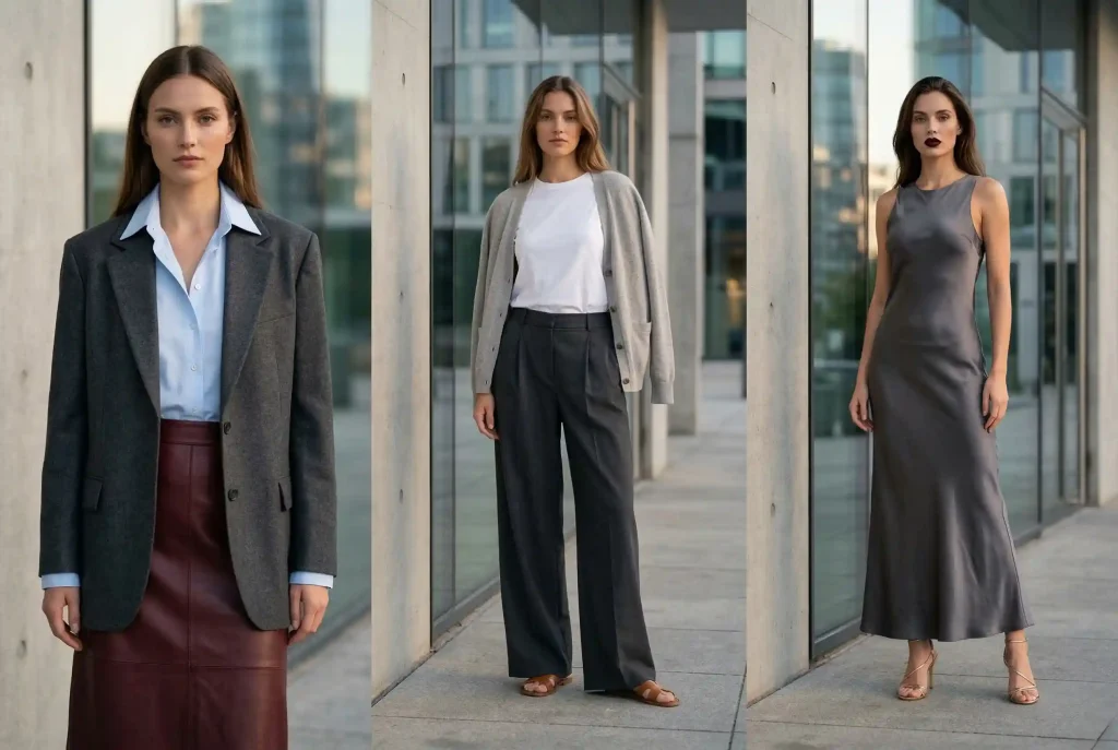 Jaki kolor pasuje do grafitu? Kompletny przewodnik po stylizacjach Kolekcja trzech zdjęć modowych pokazująca, jaki kolor pasuje do grafitu: nowoczesną marynarkę z bordową spódnicą, szerokie spodnie z białym t-shirtem i satynową sukienkę maxi ze złotymi sandałami w nowoczesnym otoczeniu miejskim.