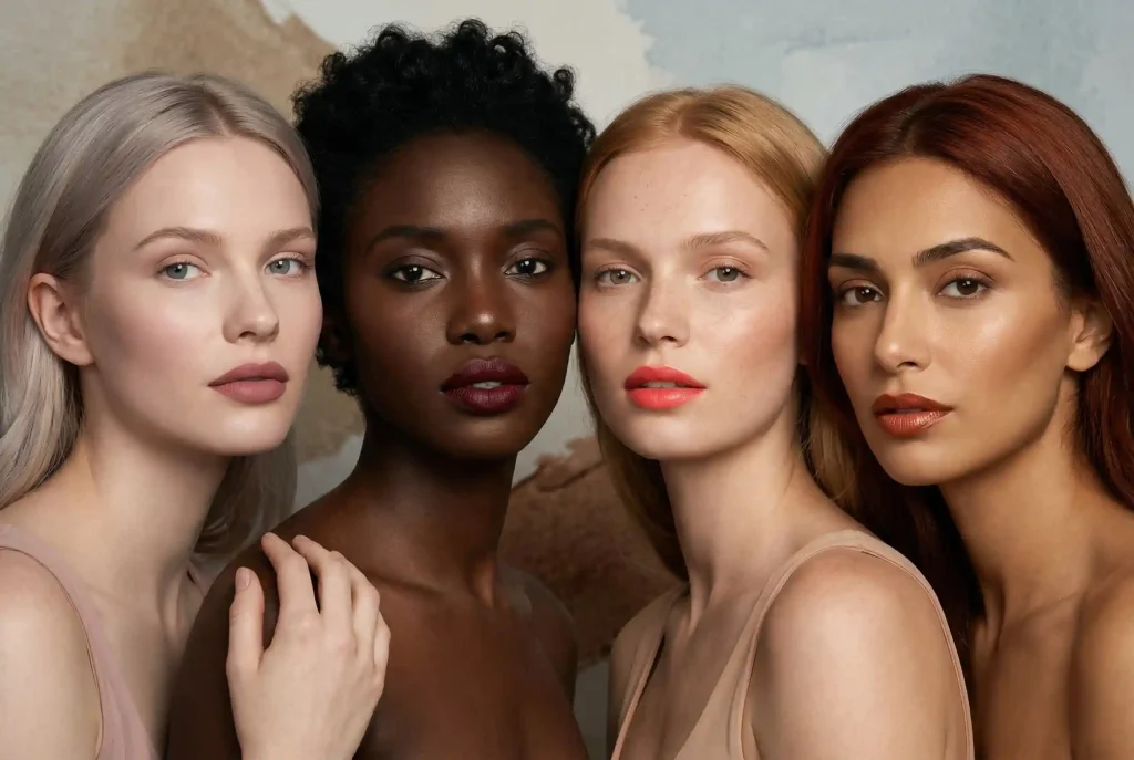 Jak dobrać kolor pomadki do typu urody? Wybierz idealny kolor szminki dla Twojej cery i stwórz perfekcyjny look Fotografia modowa przedstawiająca cztery różne kobiety w profesjonalnym makijażu ust, ilustrująca jak dobrać kolor pomadki do 12 typów urody w zależności od ich karnacji i pory roku.