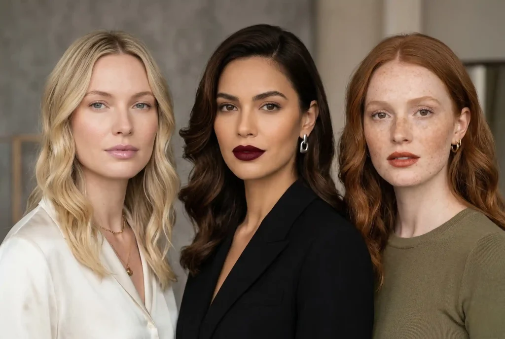 Jak dobrać kolor pomadki do typu urody? Wybierz idealny kolor szminki dla Twojej cery i stwórz perfekcyjny look Fotografia modowa przedstawiająca trzy kobiety: blondynkę w lśniącej różowej pomadce, brunetkę w matowym burgundzie oraz rudą w miedzianym odcieniu, co precyzyjnie obrazuje, jak dobrać kolor szminki do koloru włosów oraz kształtu ust.