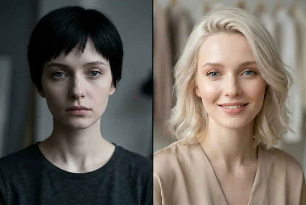 Jaki kolor włosów do mnie pasuje? Dobierz najlepszy kolor włosów online. Zobacz szybki test na typ urody i karnację! Profesjonalny portret modowy kobiety ukazujący kontrast między przytłaczającą czernią a idealnie dopasowanym jasnym blondem, ilustrujący jak prawidłowo dobrać kolor włosów do naturalnej karnacji i typu urody.