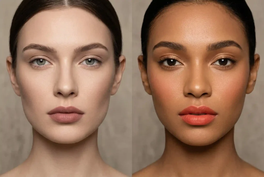 Jak dobrać kolory makijażu do typu urody? Dopasowanie makijażu, karnacja i dobór kolorów, by dobrać makijaż i podkreślić urodę Zdjęcie portretowe w stylu fashion editorial prezentujące dwie modelki o odmiennych typach urody, pokazujące precyzyjny dobór makijażu dla chłodnej, matowej karnacji i ciepłej, świetlistej cery.