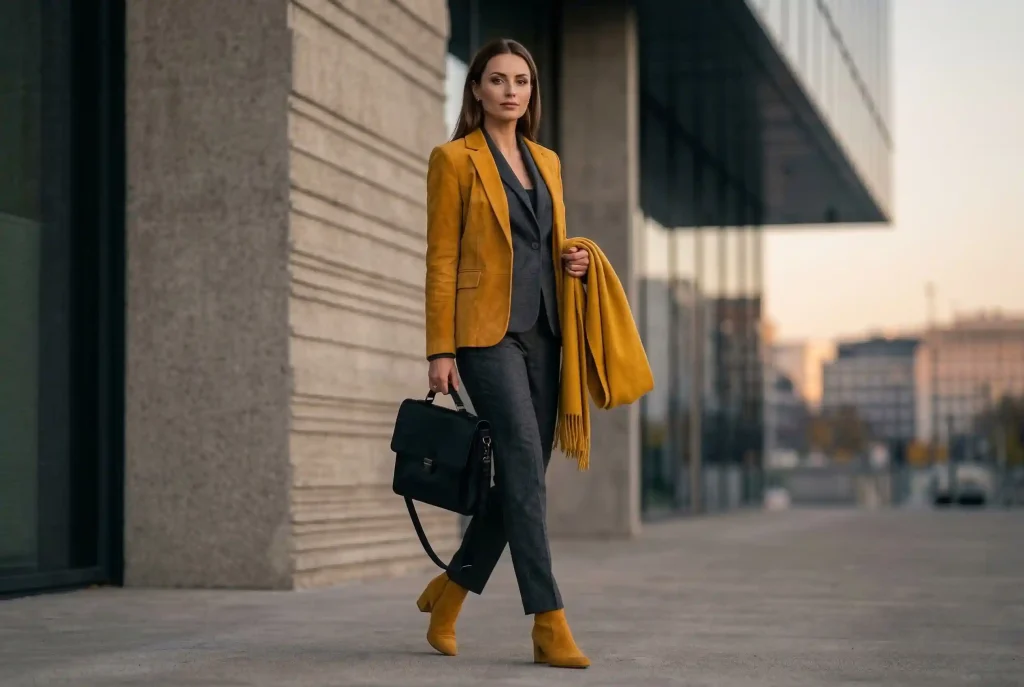 Jaki kolor pasuje do musztardowego? Podpowiadam, z czym go łączyć, by wyglądać stylowo we własnej stylizacji Zdjęcie modowe (fashion editorial) przedstawia kobietę w grafitowym wełnianym garniturze z zamszową marynarką w kolorze musztardowym i pasującymi botkami, co ilustruje merytoryczne zasady noszenia koloru musztardowego.