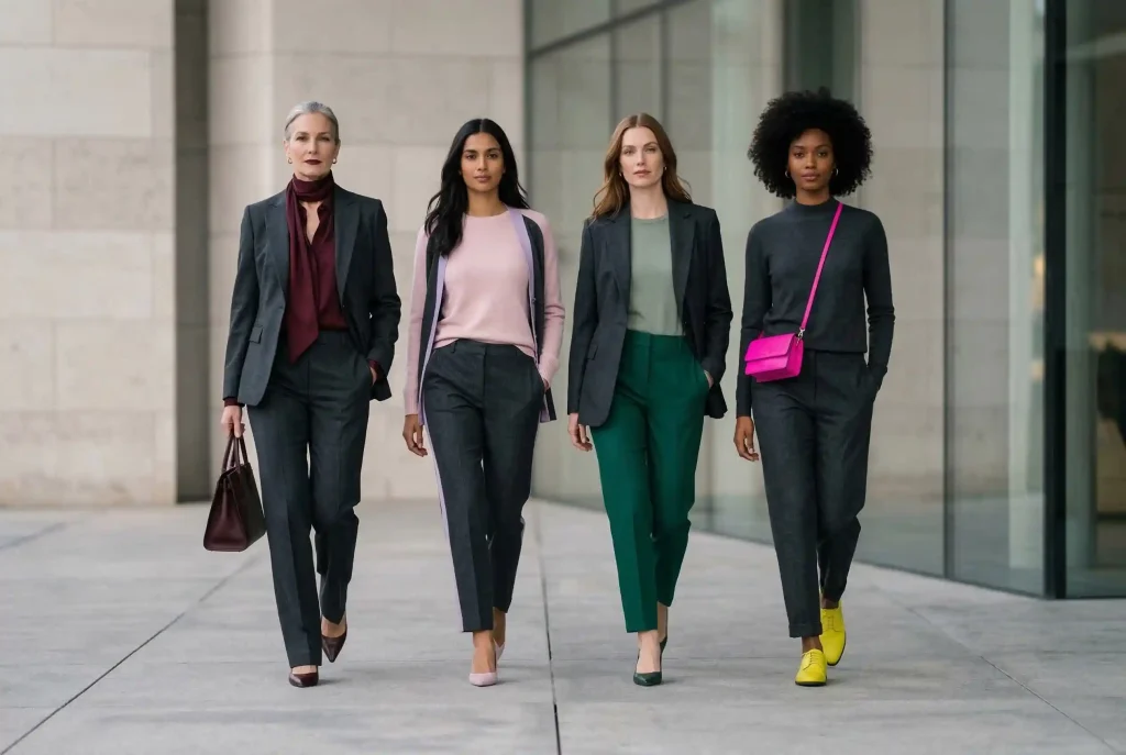 Jaki kolor pasuje do grafitu? Kompletny przewodnik po stylizacjach Profesjonalne zdjęcie modowe pokazujące, jaki kolor pasuje do grafitu, na przykładzie czterech modelek w stylizacjach z akcentami burgundu, pudrowego różu, szmaragdowej zieleni i neonu.