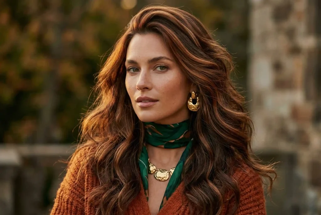 Jaki kolor włosów do mnie pasuje? Dobierz najlepszy kolor włosów online. Zobacz szybki test na typ urody i karnację! Ultra-realistyczne zdjęcie modowe przedstawiające kobietę o ciepłym typie urody Jesień, z wielotonową fryzurą w odcieniach miedzi, kasztana i głębokiego czekoladowego brązu, idealnie dopasowanych do jej karnacji.