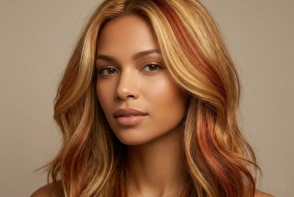 Jaki kolor włosów do mnie pasuje? Dobierz najlepszy kolor włosów online. Zobacz szybki test na typ urody i karnację! Ultra-realistyczny portret modowy kobiety o świetlistej urodzie, prezentujący kolory włosów dla typu Wiosna: pasma złotego blondu, miodu i żywej miedzi.