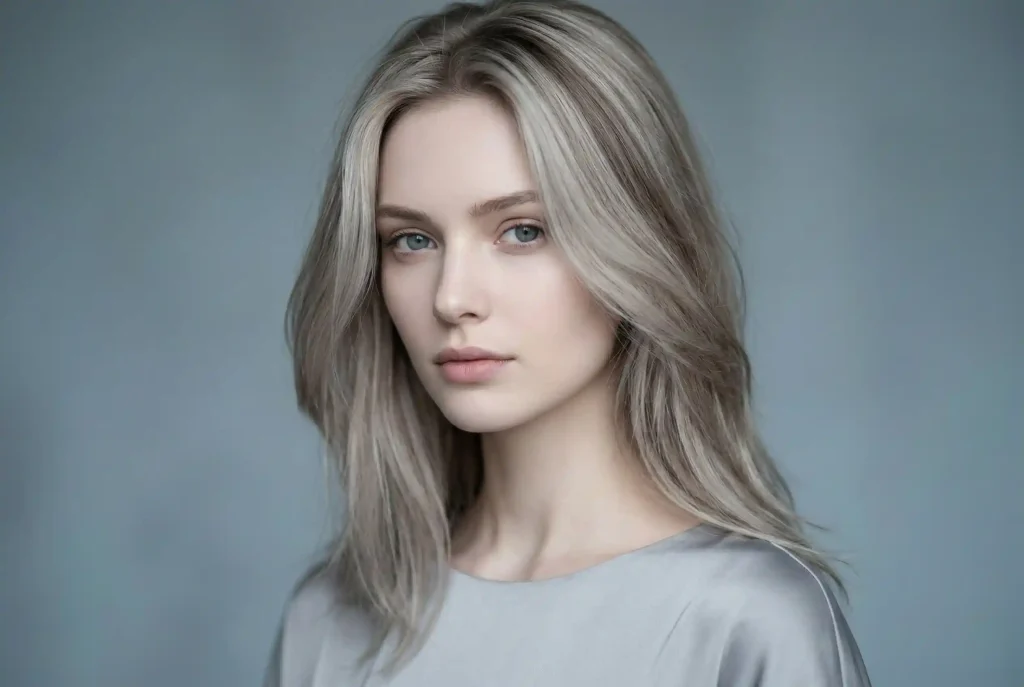 Jaki kolor włosów do mnie pasuje? Dobierz najlepszy kolor włosów online. Zobacz szybki test na typ urody i karnację! Ultra-realistyczne zdjęcie modowe przedstawia kobietę o chłodnym odcieniu skóry i delikatnych rysach, z wielotonowymi włosami w odcieniach chłodnego popielatego blondu i przydymionego brązu, co doskonale ilustruje, jaki kolor włosów najlepiej pasuje dla letniego typu urody.