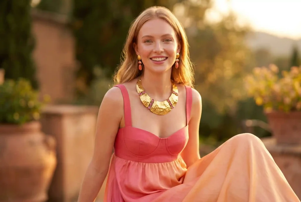 Jaki kolor pasuje do brudnego różu? Wybierz dodatki do sukienki w kolorze pudrowego różu, łącz odcienie i twórz stylizacje (brudny róż w roli głównej) Ultra-realistyczne zdjęcie portretowe przedstawiające kobietę o typie urody Wiosna w świetlistej stylizacji łączącej odcienie brzoskwini, koralu i amarantu, dopełnionej dużą biżuterią z ciepłego złota.