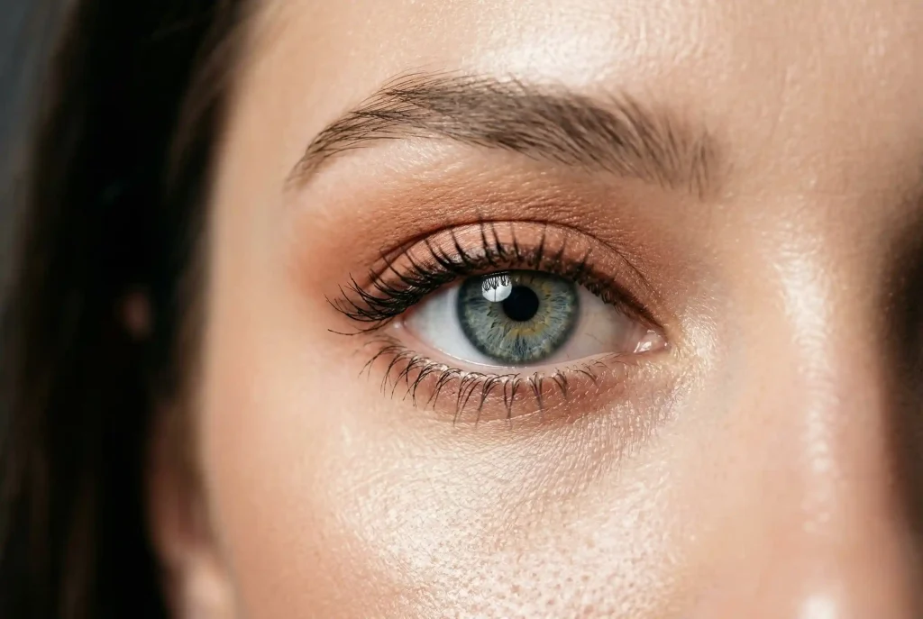 Jakie cienie do powiek do szarych oczu wybrać? Sprawdzony poradnik osobistej stylistki Zbliżenie na szare oko modelki z widocznymi w tęczówce plamkami błękitu i złota, podkreślone ciepłym, miedzianym cieniem, co ukazuje w praktyce, jakie cienie do powiek do szarych oczu wybrać, aby wykorzystać zasadę kontrastu.