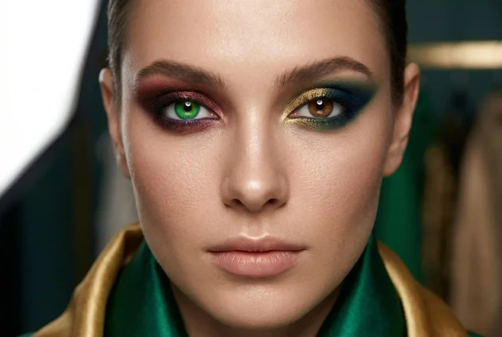 Jak dobrać cienie do powiek do koloru oczu? Idealny makijaż do niebieskich oczu i cienie do szarych oczu Ultra-realistyczne zbliżenie twarzy modelki z rzadką heterochromią, gdzie jedno zielone oko jest podkreślone miedzią i burgundem, a drugie brązowe oko złotem i granatem, zgodnie z uniwersalnymi zasadami doboru cieni.