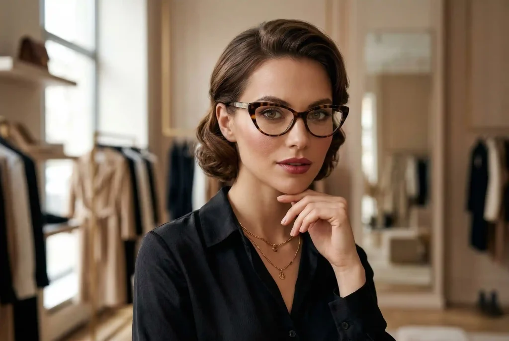 Poradnik: Jak dopasować okulary i dobrać okulary do twarzy diamentowej? Dobór okularów do kształtu twarzy i oprawek w różnych kształtach (poznaj rodzaje twarzy) Portret modelki o diamentowym kształcie twarzy, która ma na sobie okulary typu kocie oczy, idealnie łagodzące ostre rysy i optycznie poszerzające wąskie czoło.