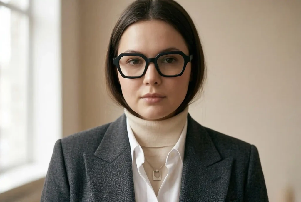 Jakie idealne okulary do okrągłej twarzy wybrać? Przewodnik: jak dobrać okulary i kształt okularów, by okrągły profil zyskał w nowych oprawkach i okularach przeciwsłonecznych! Portretowe zdjęcie modowe kobiety o okrągłej twarzy, która nosi ostro zdefiniowane, kanciaste oprawki okularów, aby wyszczuplić rysy twarzy.