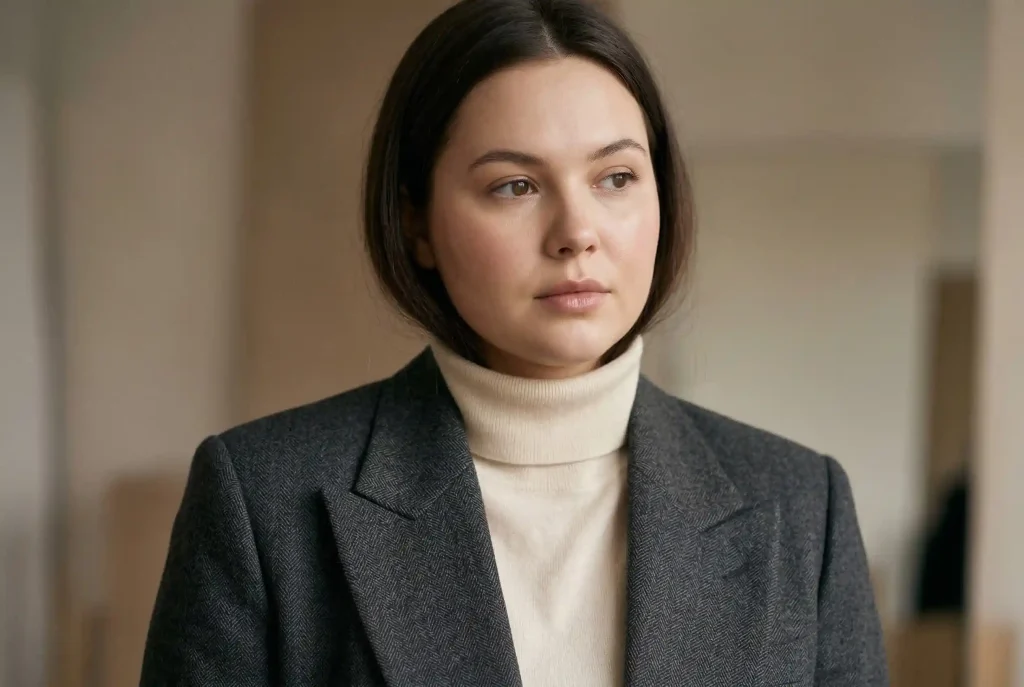 Jakie idealne okulary do okrągłej twarzy wybrać? Przewodnik: jak dobrać okulary i kształt okularów, by okrągły profil zyskał w nowych oprawkach i okularach przeciwsłonecznych! Realistyczne zdjęcie portretowe kobiety o okrągłym kształcie twarzy, analizującej swoje miękkie rysy i pełne policzki przed wyborem okularów, ubranej w teksturowaną, wełnianą marynarkę.