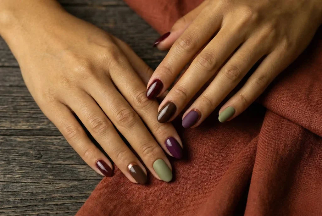 Najmodniejszy manicure na każdą okazję. Jak wybrać uniwersalne kolory paznokci i stylowy odcień, gdy chcesz, by kolor paznokci pasował do wszystkiego? Zbliżenie na eleganckie dłonie kobiety o złocistej cerze z artystycznym manicure w nasyconych kolorach ziemi, takich jak nasycona śliwka, głębokie bordo i czekoladowy brąz, idealnie pasujących do typu urody jesień.