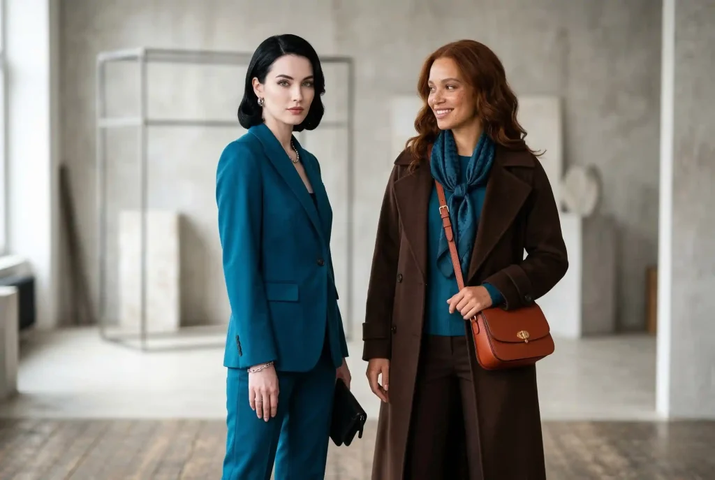 Jaki kolor pasuje do petrolu? Poznaj ten wyjątkowy odcień w świecie mody, sprawdź kolor i z czym go łączyć do swojej garderoby. To idealny kolor na jesień i zimę! Dwie modelki o kontrastujących typach urody prezentują eleganckie stylizacje, demonstrując, jak odpowiednio dopasować kolor petrol do chłodnej i ciepłej karnacji.
