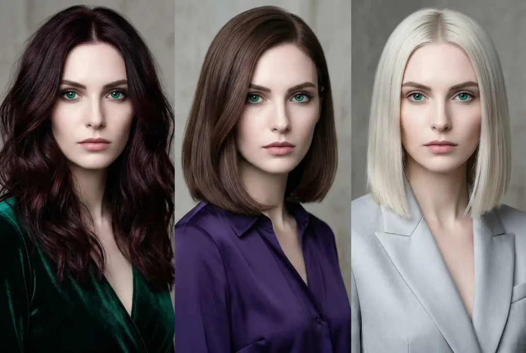 Jaki kolor włosów do mnie pasuje? Dobierz najlepszy kolor włosów online. Zobacz szybki test na typ urody i karnację! Ultra-realistyczny portret modelki ukazujący głębokie odcienie włosów, takie jak bakłażan i zimna platyna, dopasowane do typu urody Zima.