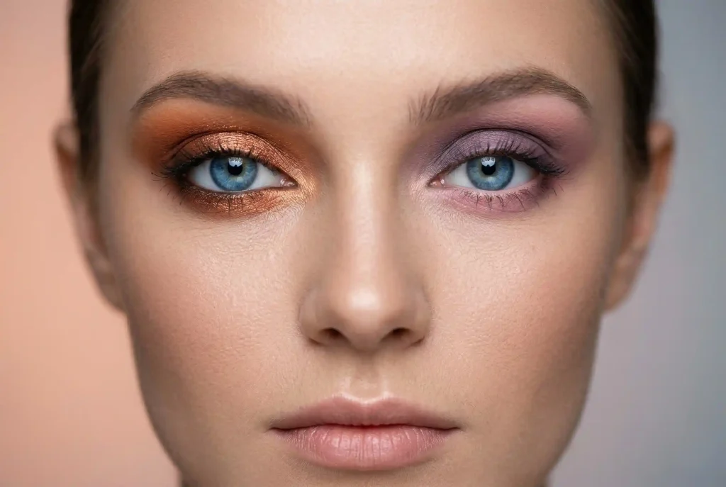 Jaki kolor cienia do powiek do niebieskich oczu wybrać? Najlepsze kolory cieni, by podkreślić niebieskie oczy i typ urody Merytoryczne zbliżenie na twarz modelki z niebieskimi oczami, prezentujące makijaż oka wykorzystujący kontrastowy miedziany cień do powiek oraz harmonijny fioletowy cień do powiek, ilustrujące zasady doboru kolorów.