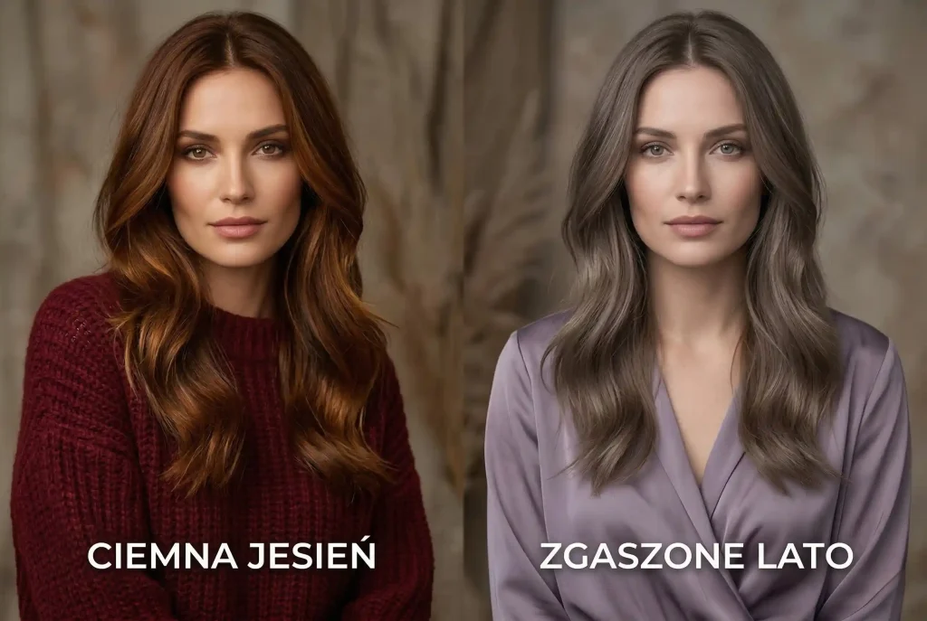 Szatynka – jakie kolory ubrań podkreślą ten typ urody? Sprawdź idealne barwy Profesjonalny portret porównujący dwie szatynki o różnych typach urody: po lewej ciepła 'Ciemna Jesień' w burgundzie, po prawej chłodne 'Zgaszone Lato' w lawendzie, ilustrujący, jak paleta barw wpływa na dobór garderoby.
