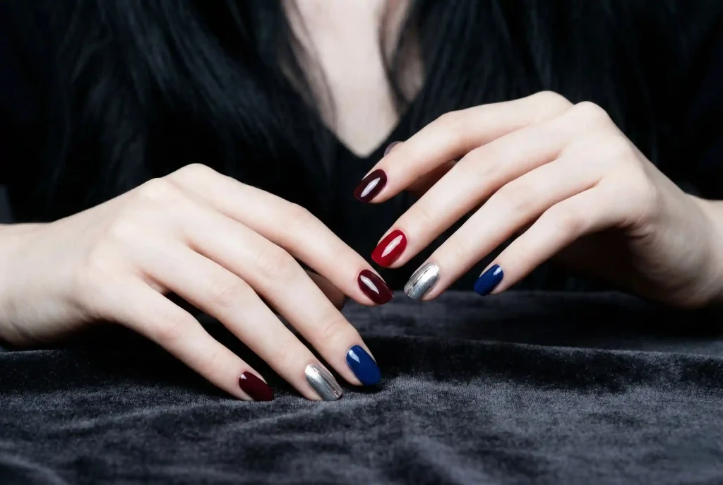Najmodniejszy manicure na każdą okazję. Jak wybrać uniwersalne kolory paznokci i stylowy odcień, gdy chcesz, by kolor paznokci pasował do wszystkiego? Merytoryczne ujęcie eleganckich dłoni o jasnej karnacji, na których widać perfekcyjnie dobrany manicure w intensywnych, wysokokontrastowych kolorach pasujących do typu urody Zima, takich jak głęboki burgund, szafir i krwista czerwień.