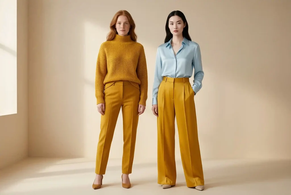 Jaki kolor pasuje do musztardowego? Podpowiadam, z czym go łączyć, by wyglądać stylowo we własnej stylizacji Dwie modelki o różnych typach urody prezentują, komu pasuje kolor musztardowy, pokazując stylizację typu total look bezpośrednio przy twarzy oraz izolację tej barwy w postaci spodni zestawionych z chłodną górą.