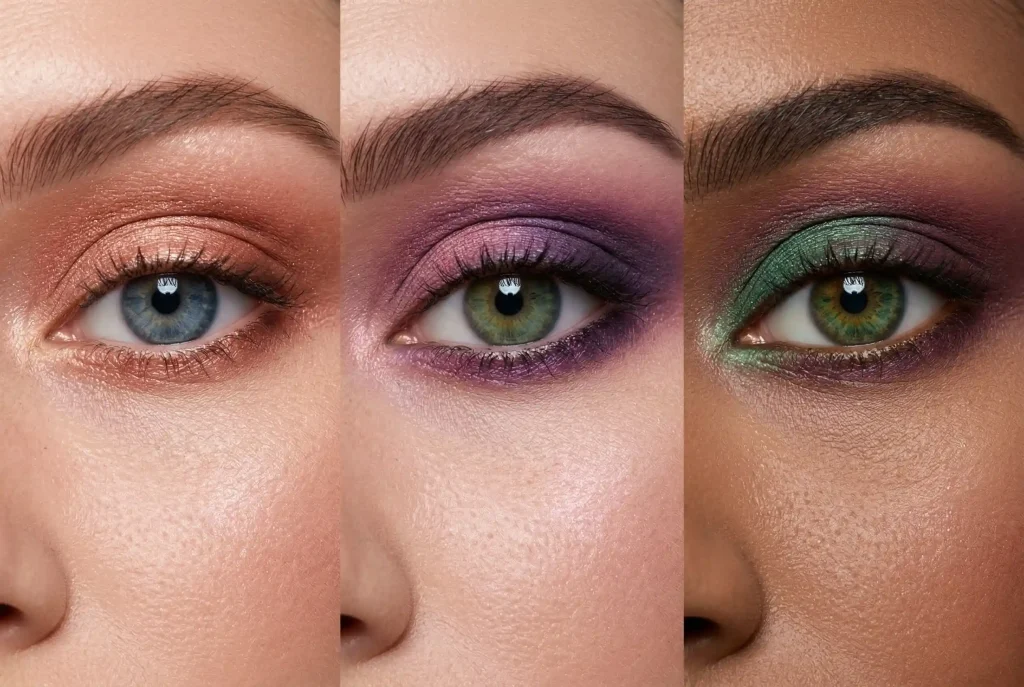 Jak dobrać cienie do powiek? Zobacz, jak dobrać cienie pod kolor oczu i jak pracować cieniami, by powieka zachwycała! Trzy precyzyjne zbliżenia oczu modelek pokazujące idealne, kontrastowe dobieranie cieni do powiek pod kolor tęczówki (niebieski z miedzią, zielony z fioletem, piwny z zielenią), zgodnie z zasadami koła barw, aby zmaksymalizować naturalne piękno.